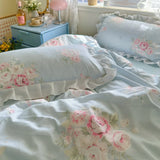4Pcs Korean Princess Style Floral Ruffles Bedding Set Single Queen Size Soft Skin-friendly Washed Cotton Duvet Cover Pillowcase