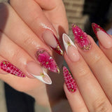 24pcs Red French Press on Nails Almond False Nails 3D Flowers Stick on Nails Sweet Cool Golden Line Nail Rhinestone Fake Nail