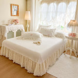 Rose Embroidery Lace Ruffles Princess Wedding Bedding Set 100% Cotton Duvet Cover Lace Edge Bed Sheet Bed Skirt Pillowcases 4Pcs