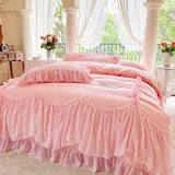 4/6Pcs White Pink Sweet Princess Wedding Bedding Sets Luxury Chiffon Lace Ruffle Duvet Cover Set Bedspread Bed Skirt Pillowcases