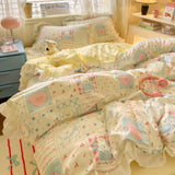 Korean Princess Style 4Pcs Floral Ruffles Bedding Set Single Queen Size Soft Skin-friendly Washed Cotton Duvet Cover Pillowcase