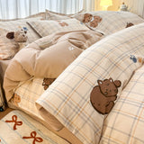 Ikeehome  Thiened Warm Flannel Bedding Set Pure Cotton Bear Pattern Autumn Winter Four-Piece Quilt Cover eet Tee-Piece Set