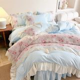 3/4Pcs French Romantic Lace Printed Ruffle Bedskirt Queen Size Quilt Cover Princess Style Boiled Cotton Double Bedding Set