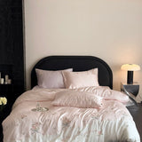 600TC Lyocell Bamboo Fiber Soft Silky Bedding Set Pink Flowers Embroidery Duvet Cover Flat/Fitted Bed Sheet Pillowcases 3/4Pcs