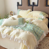 4Pcs Korean Princess Style Luxury Haute Couture Chiffon Lace Ruffle Queen/King Size Quilt Cover Bed Skirt Double Bedspreads