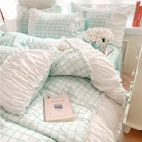 Korean Style Princess Bedding Set Luxury Pink Lattice Duvet Cover Ruffles Lace Bedspread Bed Sheet Pillowcases
