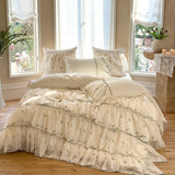 Three-layer Floral Embroidered Lace Ruffles 1000TC Egyptian Cotton Bedding Set Duvet Cover Flat/Fitted Bed Sheet Pillowcase 4Pcs