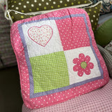 Floral Quilted Pillow Cover 45x45cm - Ruffled Lace Trim with Bow, Decorative Cushion Cover for Sofa/Bedroom, Home Décor