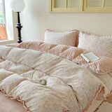 Thiened Double Layer Cotton Bean Flannel Four Piece Set Korean Sle Winter Warm Student Tee Piece Set Floral Lace Bedding