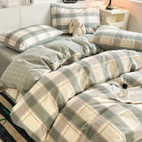 New Pure Cotton Bedding Set with Fitted Sheet Duvet Cover Pillowcase Simple Printed Grid Comfortable Bedclothes Single Double
