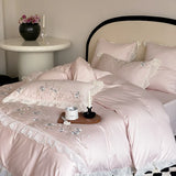 1000TC Egyptian Cotton Flower Embroidery Lace Ruffles Pink Bedding Set Duvet Cover Set Flat/Fitted Bed Sheet Pillowcases 4Pcs