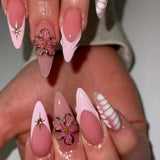 24pcs Pink Almond False Nail Art Datachable Cute Cherry Bow Design Nails Sets Press on Mid-length French Fake Nails Tip Finished