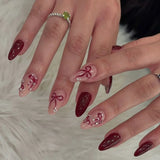 24pcs Pink Almond False Nail Art Datachable Cute Cherry Bow Design Nails Sets Press on Mid-length French Fake Nails Tip Finished