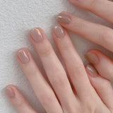 24Pcs Nude Pink Nail Tips Short Round Head False Nails with Design Wearable Finished Fake Nails Full Cover Press on Nails