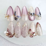 24Pcs Pink Almond False Nails Sweet Summer Fake Nail Cute Flowers Pearl Nails Press Ons Colorful Monet Press on Nails for Girls