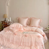 Pink Egyptian Cotton Princess Wedding Bedding Set Luxury Lace Ruffle Flowers Duvet Cover Sets Bed Sheet Pillowcases Home Textile