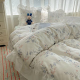 100% Cotton Korean Princess Style Rose Floral Lace Ruffles Bedding Set Duvet Cover Set Flat/Fitted Bed Sheet Pillowcases 4Pcs