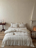 Vintage French Large Lace Ruffles Floral Embroidery Linen Cotton Bedding Set Duvet Cover Flat/Fitted Bed Sheet Pillowcases 4Pcs