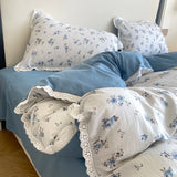 Floral Bedding Set Lace Trim Simple Fresh Elegant Flat Fitted Sheet With Pillowcases Soft Washed Cotton For Women Girl Gift