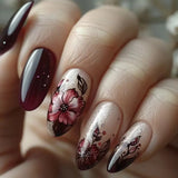 Mid-length Almond Press on Nails Black Irregular Flower Fake Nails with Simple Diamond Wearable Manicure Full Cover False Nails
