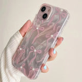 Korea Laser 3D Pink Bow Beads Phone Case for iPhone 16 15 14 13 16 Pro Max Floral Shell Girl Clear Soft Silicone Back Cover