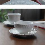 Ins Ceramic Handgrip Coffee Cup Exquisite Afternoon Tea Cup Dish 2Pcs Set French Style Household White Relief Drinkware