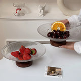 Crystal Glass Dried Fruit Plate High-end Casual Afternoon Tea Dessert Tray Household Living Room Candy Glasses Wood Base Plates