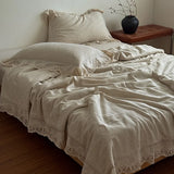 88% Cotton and 12% Linen Jacquard Vintage Hollow Lace Edge Summer Quilt Air Condition Thin Comforter Lightweight Blanket 1/4Pcs