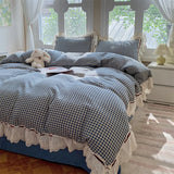 Blue Plaid Lace Ruffles Bedding Set 100% Cotton Double Layer Thread Wrinkled Yarn Duvet Cover Flat/Fitted Bed Sheet Pillowcases