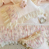 3/4Pcs Princess Style Pink Floral Print Lace Ruffle Boiled Cotton Bed Set Queen Size Double Bed Linen Full-Size For Room