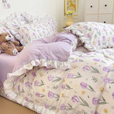 Princess Style Lace Ruffles Bedding Set Purple Tulips Duvet Cover and Flat Sheet Pillowcases Girls Romantic Floral Home Textiles