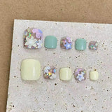 10pcs Handmade Square Fake Toe Nails With Colorful Flowers Designs Wearable Press On Nails Short Solid Color Glitter False Nails