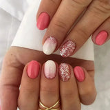 24Pcs Simple False Nails with Glue Short Almond Fake Nails Glitter Aurora Round Head Full Cover Nail Tips Oval Press on Nails