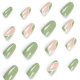 24Pcs Simple Green French False Nails Short Almond Fake Nails with Wave Line Design Wearable Round Head Press on Nail Tips