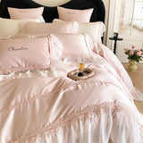 4Pcs Luxury 1000TC Egyptian Cotton Princess Lace Ruffles Wedding Bedding Set Duvet Cover Set Bed Sheet/Fitted Sheet Pillowcases