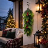 Single Piece Christmas Artificial Pine Hanging Spray with Red Berries Pinecones, Winter Greenery Stem for Mantel Stair Holiday