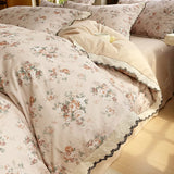 100% Brushed Cotton Bedding Set French Vintage Floral Duvet Cover Black Lace Trim Soft Pure Cotton Bed Sheet Pillowcases 4Pcs