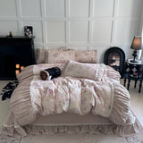 Flowers Prints Pleated Ruffles Princess Bedding Set 100% Cotton Double Layer Yarn Duvet Cover Quilted Bedspread Pillowcases 4Pcs