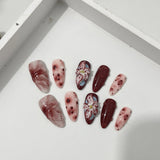 10pcs 3D Spotted Flowers Almond Handmade Press On Nails With Wine Red Smudging Design False Nails Transparent Small Snake Decor