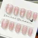 10 Pcs New Blue Dreamy Grid Press on Nails Cute Bowknot and Love Shape Cat's Eye Nail Patch Women Girls Detachable Fake Nails