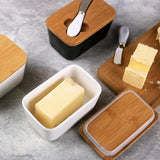 Simple Ceramic Butter Dish with Bamboo Cover Butter Knife Rectangular Sealed Jar Western Cheese Butter Box Storage Jar Tableware