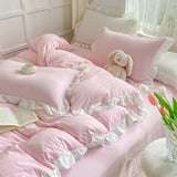 Korean Princess Style Duvet Cover Set No Filling Pink Blue Soft Washed Cotton Girls Favorite Ruffles Bed Linen Pillowcases