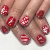 24pcs Shiny Powder Full Cover Nail Art French Red Short Square Fake Nails Christmas Snowflake False Nail Reusable Press on Nails