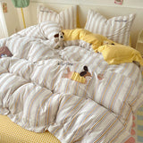 Embroidery Stripe Bedding Set Cute Cartoon Washed Cotton Soft Four Piece Sets Pillowcase Duvet Cover Set 200x230cm Home Textiles