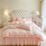 Vintage French Hollow Lace Ruffles 100% Cotton Princess Wedding Bedding Set Duvet Cover Set Bed Skirt Bedspread Pillowcases 4Pcs