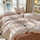 INS Girls Cherry Soft Bedding Set Washed Cotton Bed Sheet Queen King Size Duvet Set Flower Comforter Set Pillowcase Bed Linens