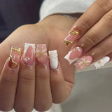 24pcs Almond False Nail Art French Fake Nails Tips Press on Nails Sets Reusable Manicure Stick on Nail Tip Datachable Fake Nail