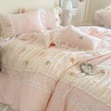 Princess Style Lace Ruffles Wedding Bedding Set Korean Soft Rose Flowers Four-Piece Set Duvet Cover Bed Sheet Pillowcase 4Pcs