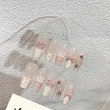 10Pcs Handmade Press on Nails Full Cover Bow Tie Design Rhinestone French Ballet Cat Eye False Nails Manicure Wearable Nail Tips