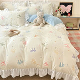 French Princess Lace Ruffles Bedding Set Washed Cotton Skin-friendly Duvet Cover Set with Sheet Soft Printed Flowers Quilt Cover